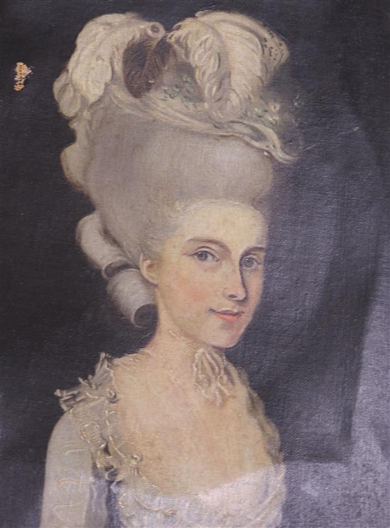 19th century English School, oil on canvas, portrait of an 18th century lady, 35 x 30cm, unframed